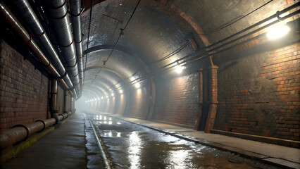 Obraz premium Journey through a dimly lit, wet brick tunnel with industrial pipes and atmospheric lighting.