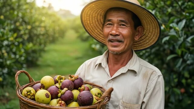 farmer with a happy expression lifting a basket filled with mangosteen fruit in a mangosteen plantation