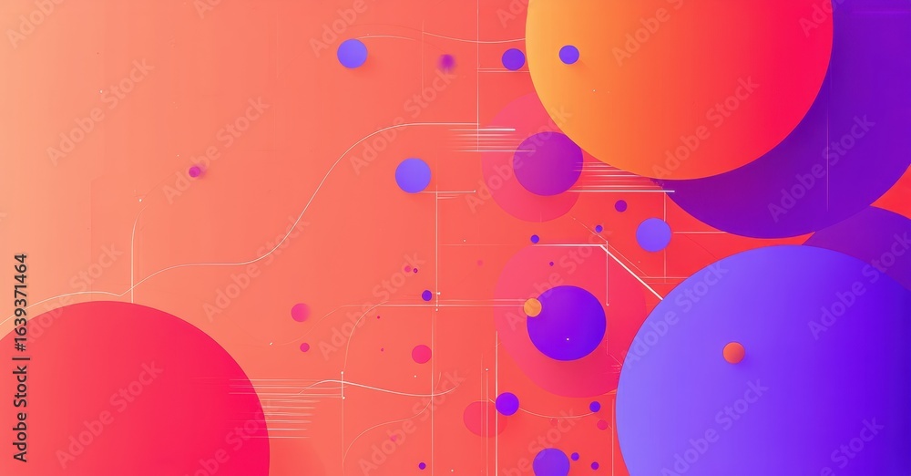 Poster abstract background features vibrant circles, lines. gradient colors blend from red to purple. moder