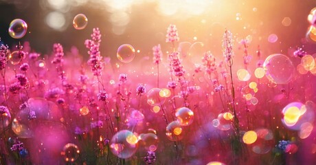 Vibrant lavender field, glowing bubbles, warm sunlight. Dreamy, soft focus creates magical atmosphere. Beautiful floral scene.