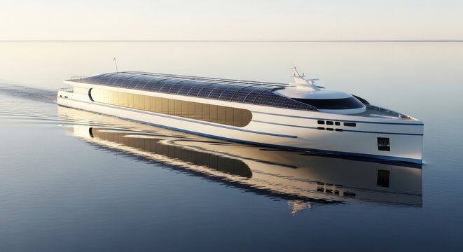 Futuristic Solar-Powered Ferry Gliding Across Calm Waters at Golden Hour