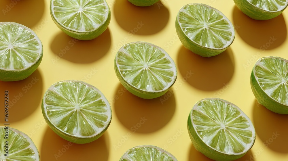 Poster green lime slices create a vibrant pattern on a bright yellow background