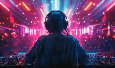 Obraz premium Illustration of a DJ with headphones playing music in a club, with vibrant laser lights and a dynamic club setting, Generative AI
