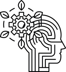 A black and white drawing of a head with a gear in the middle