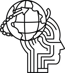 A black and white drawing of a brain with a globe on top of it