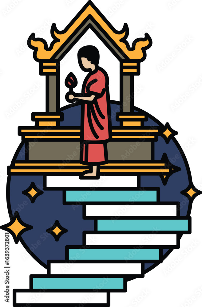 Poster a man is standing on a set of stairs in front of a building