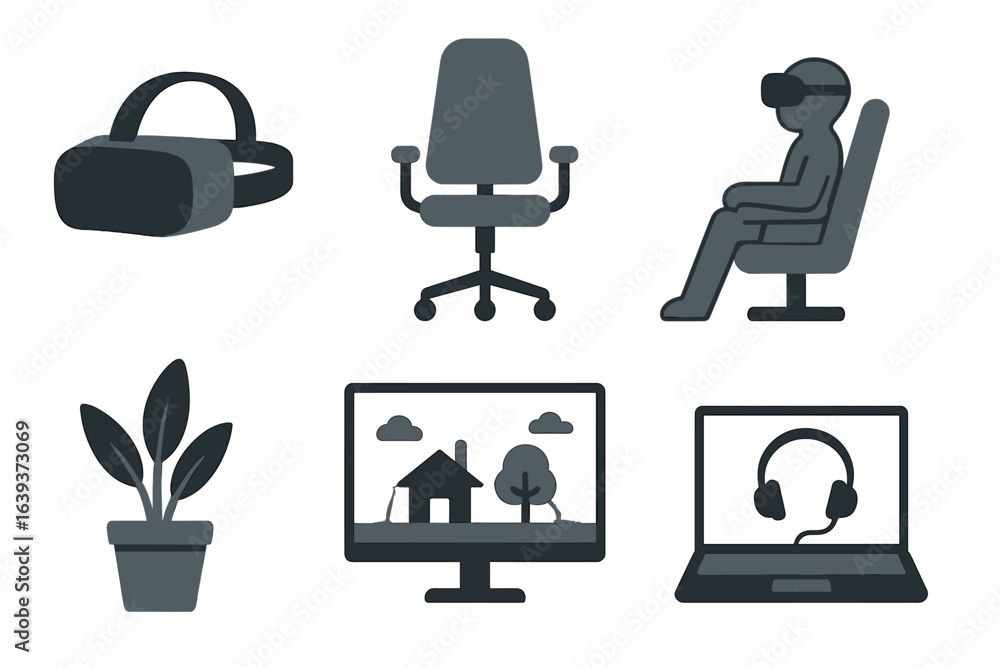 Poster virtual reality setup showcasing user interacting with technology in a modern workspace environment