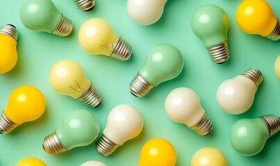 Modern light bulbs arranged from the top view, with a focus on yellow and flashy green colors, displayed against a simple background for impact, Generative AI