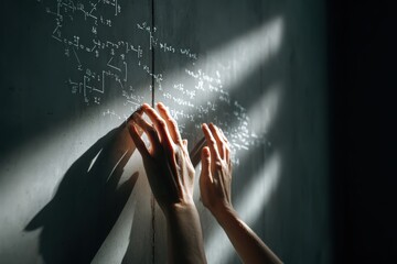 Hands reaching out and solving mathematical equations in sunlight, scientific problem-solving, knowledge and education concept in a dimly-lit room