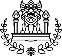 A black and white drawing of a dragon with a flower in the background