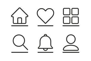 Icons representing various functions such as home, favorites, notification, profile, and search in a simple style