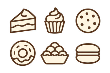 Assorted desserts display featuring cake, cupcake, cookie, donut, tart, and macaroon on a neutral background