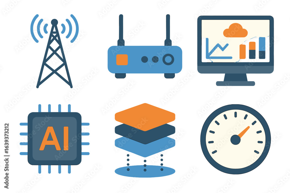 Poster modern technology components showcasing ai, data visualization, and wireless communication in a digi