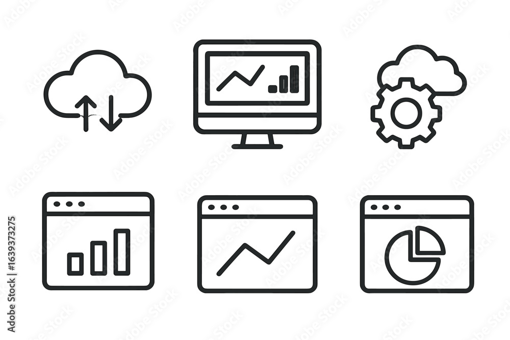 Poster Visual representation of digital data analysis tools and cloud computing systems at a workspace