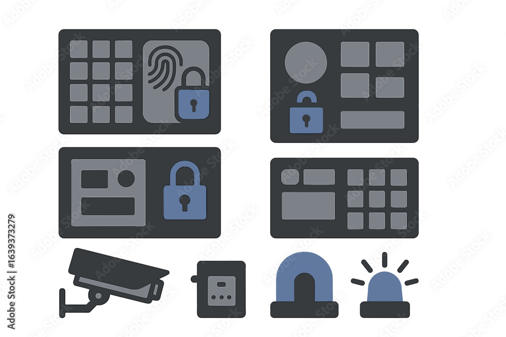 Poster security control interface with digital lock icons and surveillance elements designed for a modern f