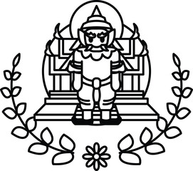 A man in a costume stands in front of a building