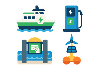 Innovative maritime transportation technologies including electric boats and renewable energy sources showcased in a vibrant design