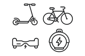 Various types of personal transport options including electric scooter, bicycle, hoverboard, and smart watch showing battery status