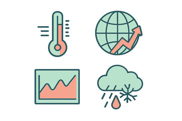 Elements of climate data visualization showing temperature, global trend, and precipitation in a modern flat design