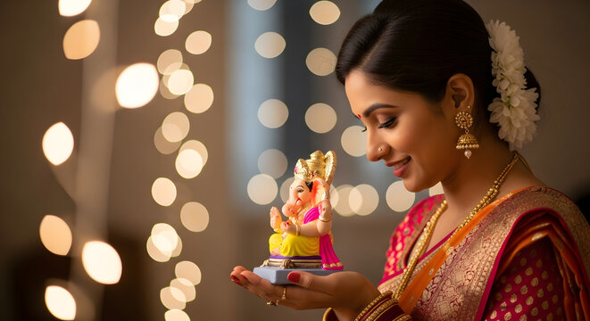Woman Celebrating Ganesh Chaturthi with Lord Ganesha Idol - Powered by Adobe