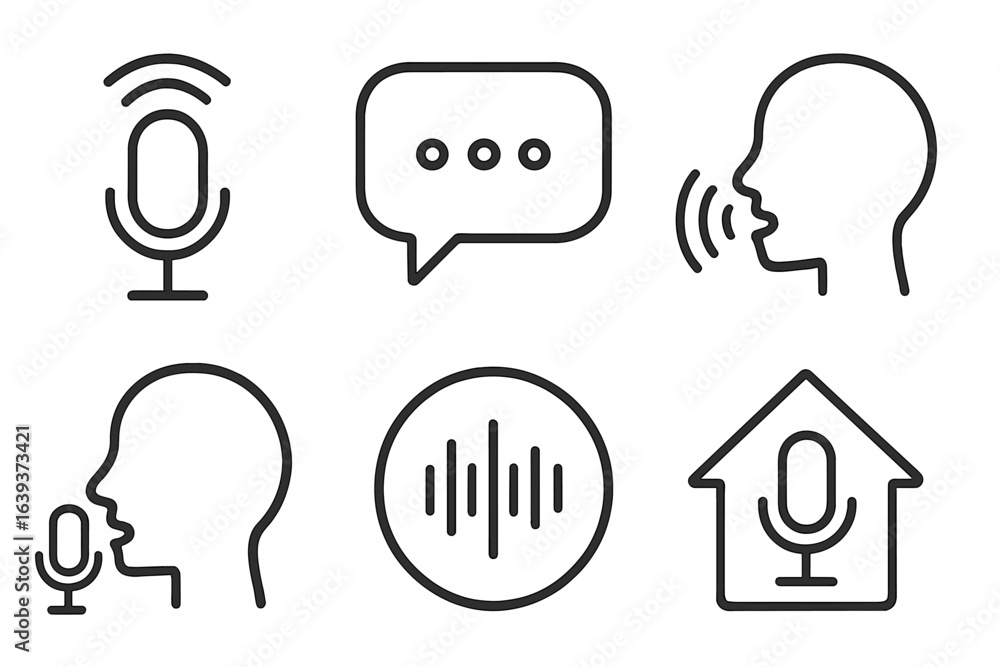 Poster various icons depicting voice communication with microphone, speech bubbles, and sound waves on a si