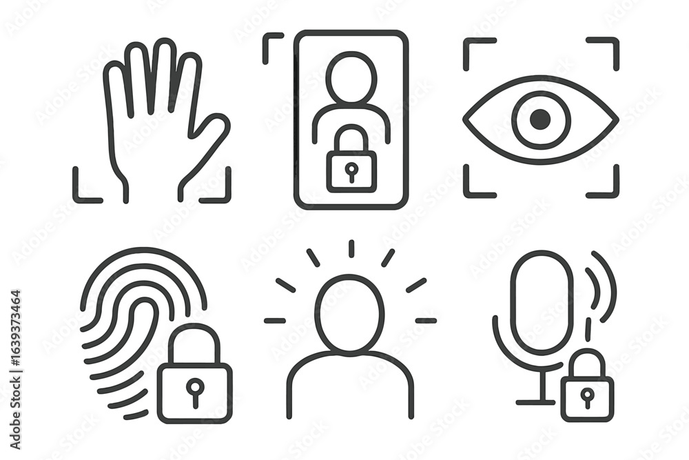 Poster security icons illustrating biometric authentication methods for digital privacy and protection in t