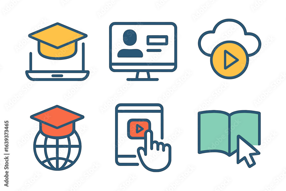 Aufkleber digital education icons represented by objects symbolizing online learning and resources at a modern