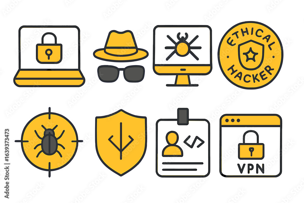Poster ethical hacking icons showcasing cybersecurity tools and techniques for safe online browsing