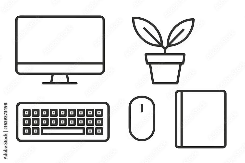 Poster workspace setup featuring a computer, keyboard, mouse, plant, and notebook for productivity and crea