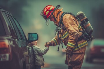 Brave firefighter in protective gear comforting child during emergency response, professional heroism, public safety, and compassion in action, community support and rescue