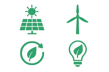 Renewable energy icons representing solar power, wind power, recycling, and energy-efficient lighting