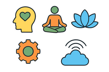 Mindfulness and wellness symbols representing mental health, meditation, and self-care in a vibrant, colorful design