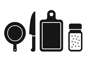 Kitchen tools arranged for cooking preparation with a strainer, knife, cutting board, and seasoning container clearly visible