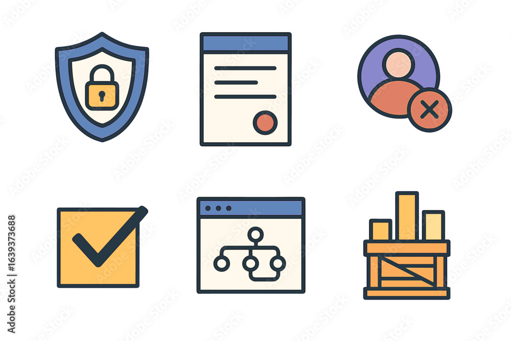 Poster visual representation of various security and validation icons used in technology and data managemen