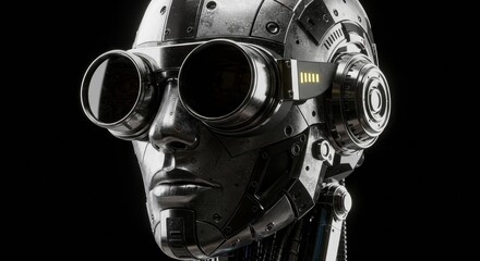 Steampunk futuristic female robot with goggles in a technological era