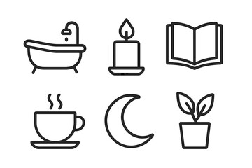 Relaxation and rejuvenation symbols including bath, candle, book, and plants for a peaceful ambiance