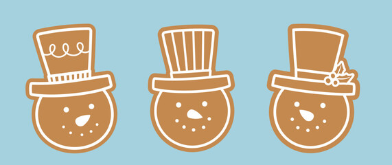 Set of gingerbread snowman head character cookie element.
cute christmas snowman ginger cookie flat stock vector illustration.
Good for greeting card, poster, banner, leaflet.