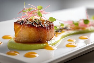 Gourmet seared scallop served on avocado puree with microgreens, artistic drizzle of sauce, and vibrant garnish on a white plate in fine dining restaurant.