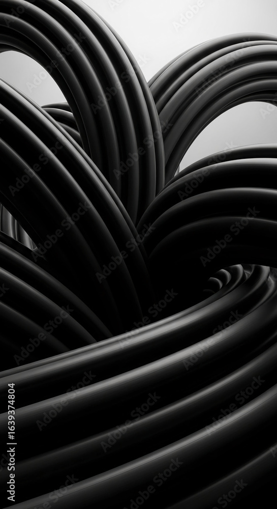 Poster abstract image of swirling black tubes, creating a dynamic and complex texture, showcasing depth and