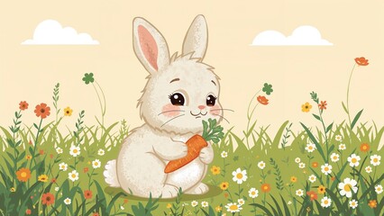 Sweet hare munching a carrot amidst the meadow