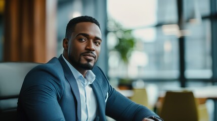 Fototapeta premium Confident Black businessman in blue suit posing in stylish modern office