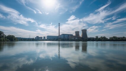 Naklejka premium Long exposure daytime photograph capturing a nuclear energy station by a waterway under a blue sky with scattered clouds and smooth reflections.
