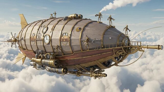 A Stunning Steampunk Airship Glides Through the Clouds, Showcasing Intricate Design and Mechanical Details, with Adventurers on Deck Exploring the Skies Above