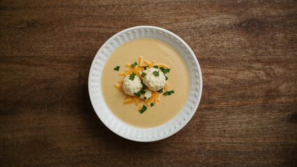 White bowl filled with rich cauliflower cheese soup placed on wooden table. Ideal for vegetarian or nutritious diet. Top-down perspective, flat lay
