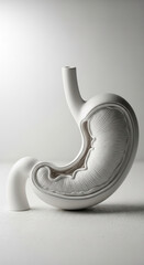 White anatomical model of human stomach, showcasing internal structure, minimalist design, clean background, medical or science concept