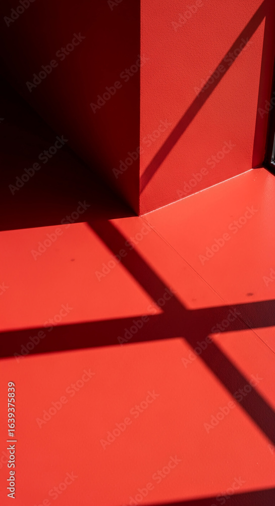 Poster red corner with shadow patterns on floor and wall, creating a geometric abstract scene, ideal for mi