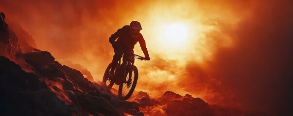 Silhouette of an extreme mountain biker against a fiery sunset, navigating rugged terrain, symbolizing adventure and physical challenge, Generative AI
