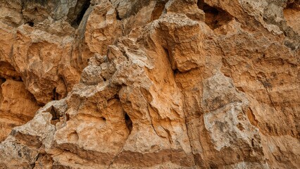 Detailed view of stratified rocks displaying diverse textures and hues such as brown, yellow, and gray, emphasizing geological characteristics.