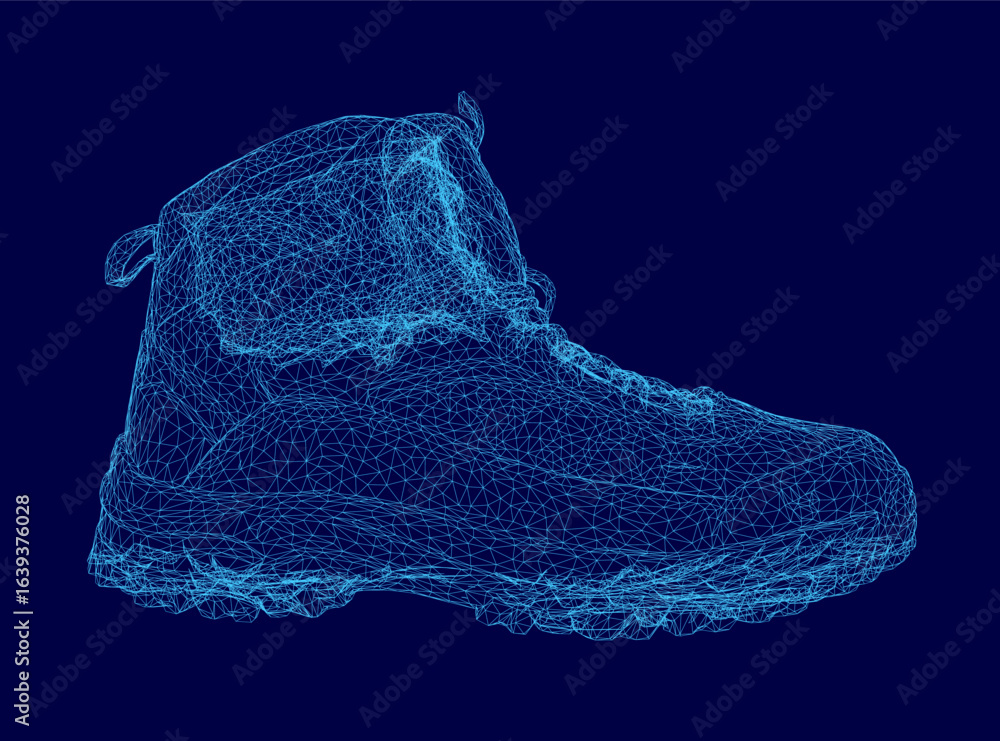 Poster a blue boot wireframe with intricate lines and geometric shapes stands out against a dark blue backg