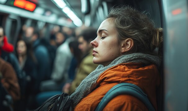 Tired and depressed individuals in a subway during rush hour, symbolizing the stress of daily commutes and work-life balance challenges, Generative AI - Powered by Adobe